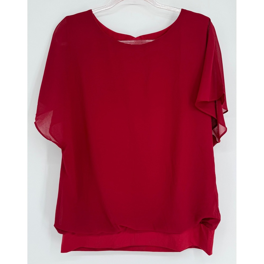 Neineiwu Women Red Chiffon Layered Bubble Hem Blouse Short Sleeve Sz L NEW